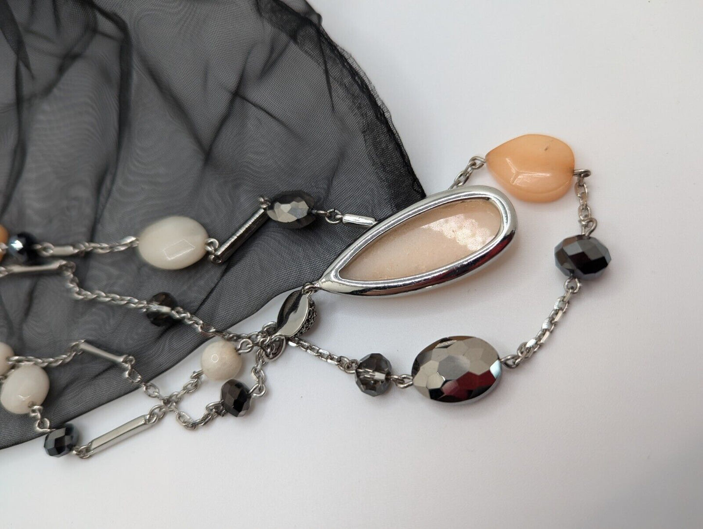 WHBM Mixed Gemstone Beaded Necklace Quartz Designer Silver Tone Doble Strand 34"