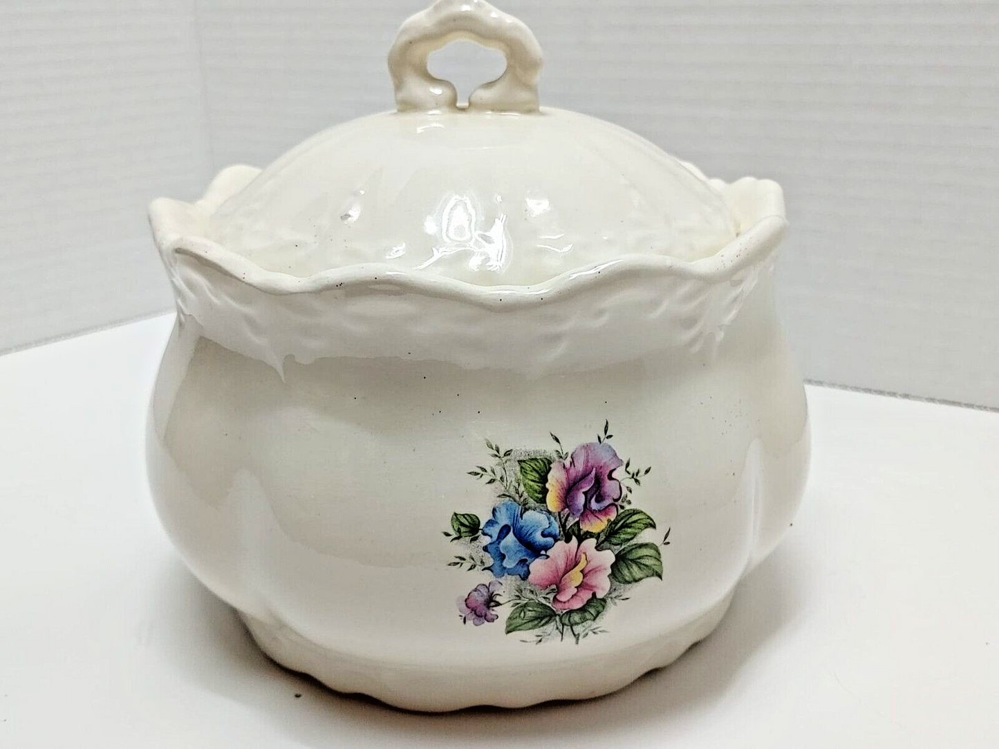 Vintage Ratauds Covered Serving Dish 1960's England Vanilla White w/ Roses