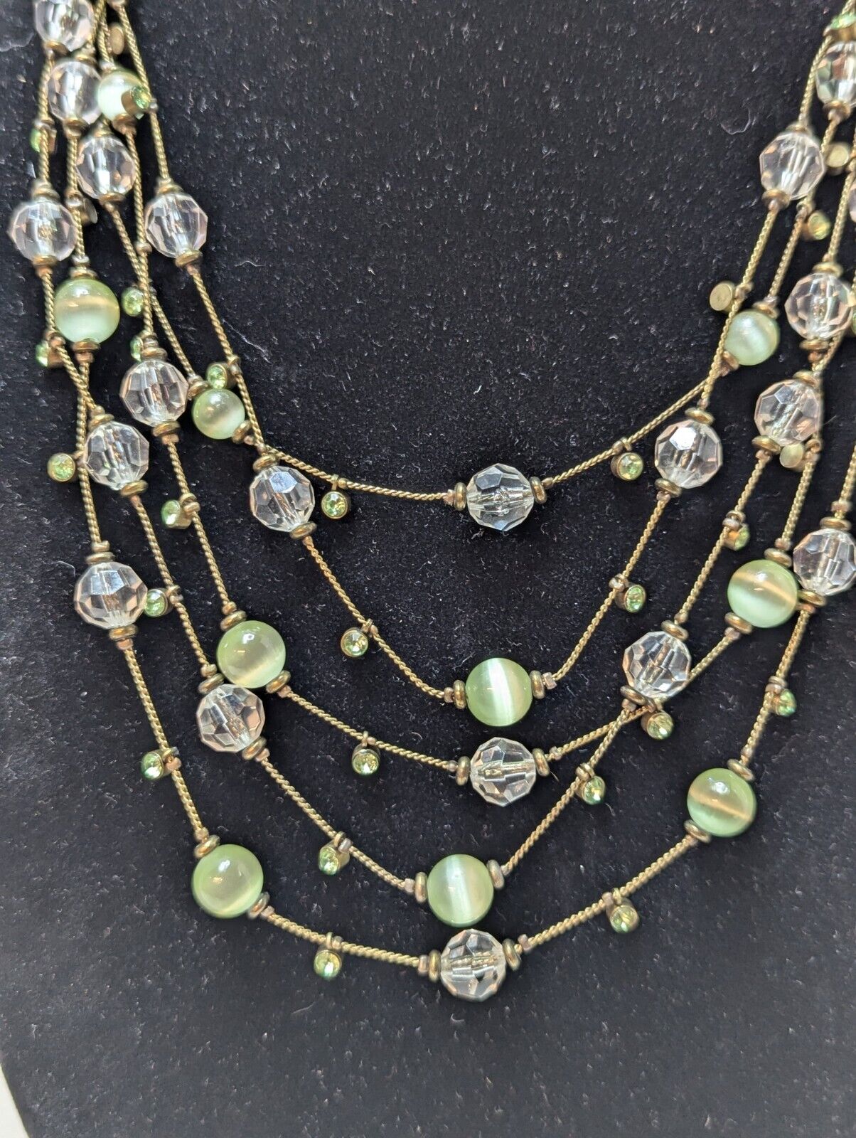 Green Tiger Eye Clear Beads Necklace Earring Rhinestone Gold Tone Multi Strand