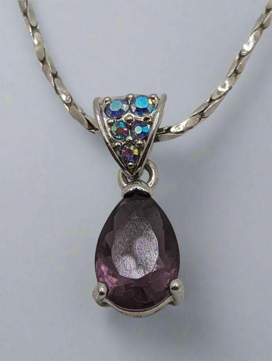 Avon NR Amethyst AB Rhinestone Pendent Necklace Silver Tone 2006