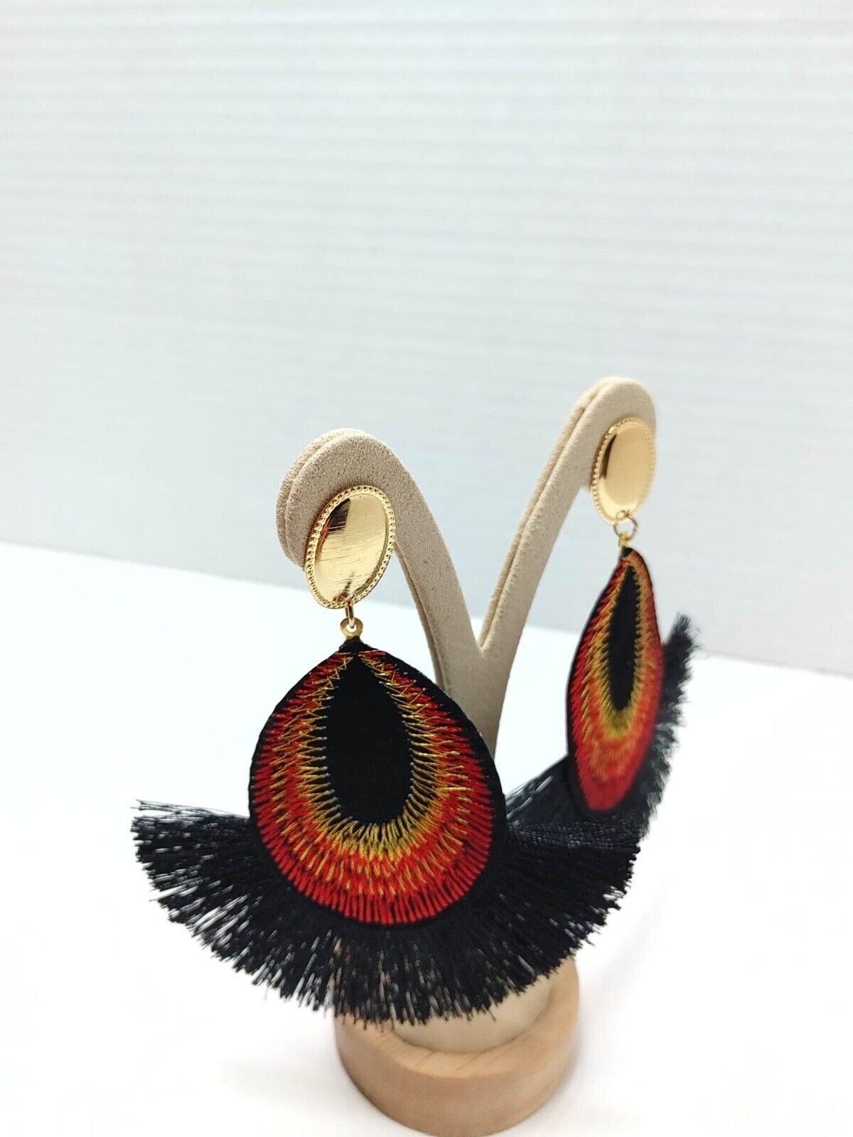 Oval and Fan Shaped Black Post Earrings Handmade Bohemian Women Jewelry Gift