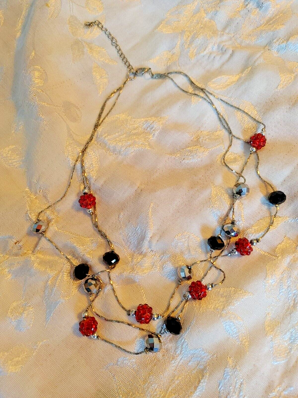 Layered Red Black grey Beaded Necklace silver tone chain 22" Women Boho Retro