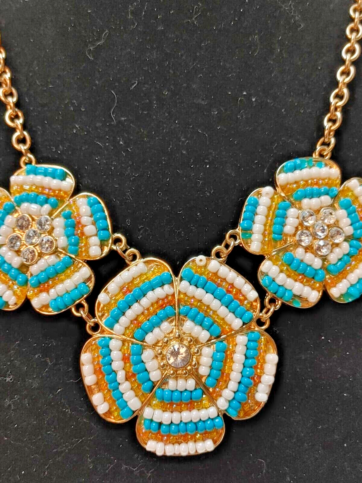TurquoiseTone Embellished beaded Flower Necklace multipendant goldtone Chain