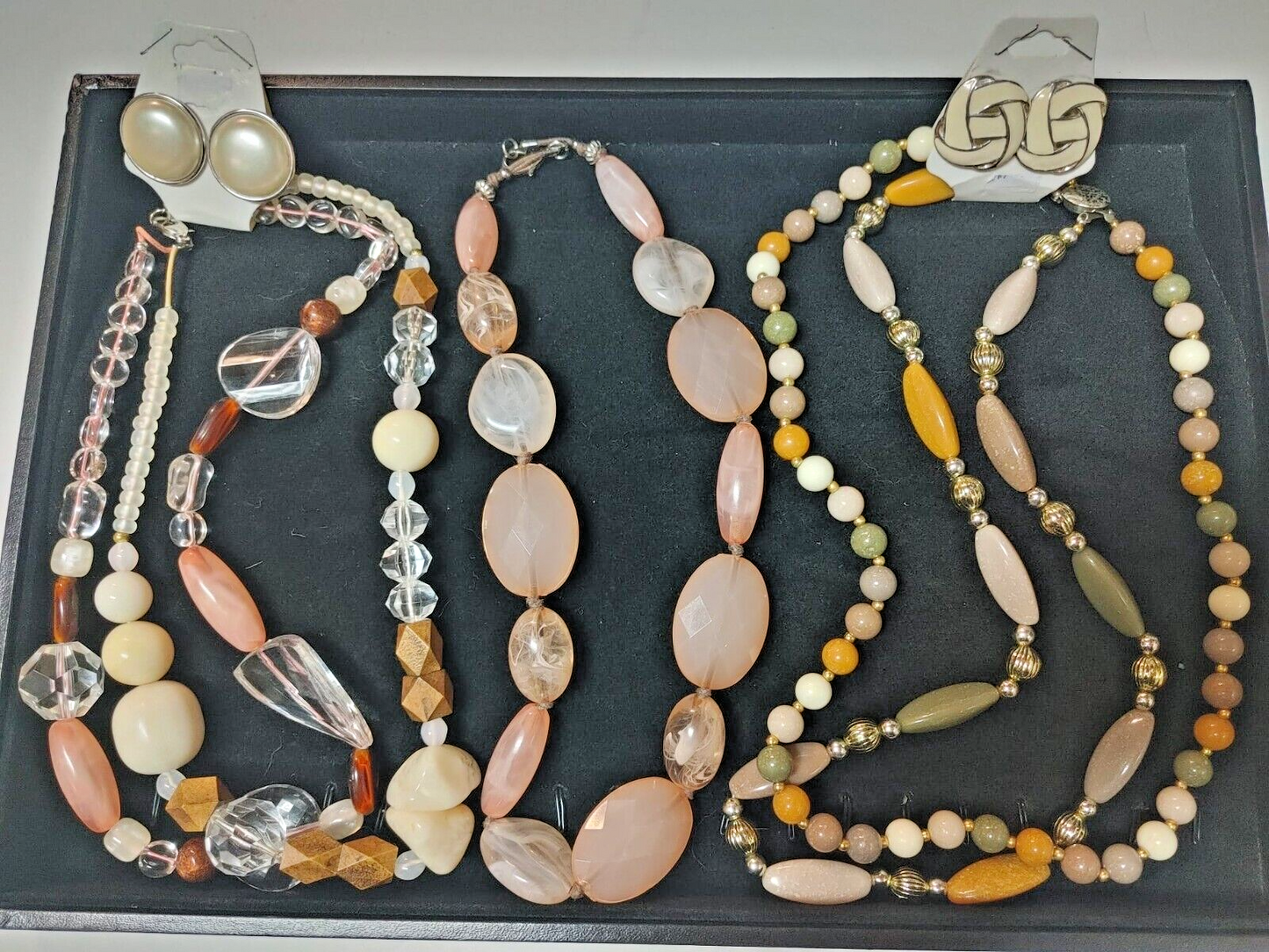 Set of 3 Vintage Faux Stone Lucite Beaded Necklaces Gold Tone Multi Strand