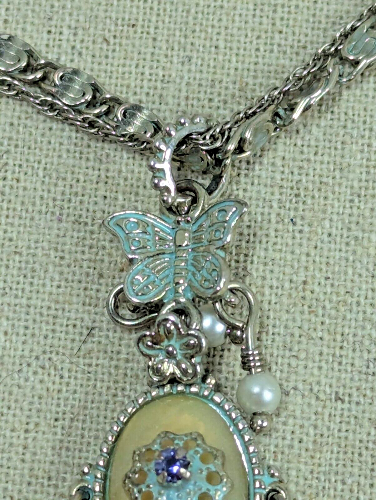 vintage Avon Silver Plated Necklace Butterfly Crystals Pendant 16" Double Chain