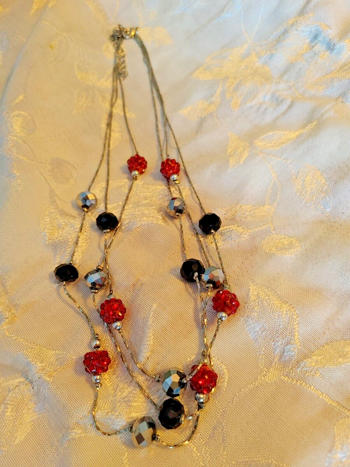 Layered Red Black grey Beaded Necklace silver tone chain 22" Women Boho Retro