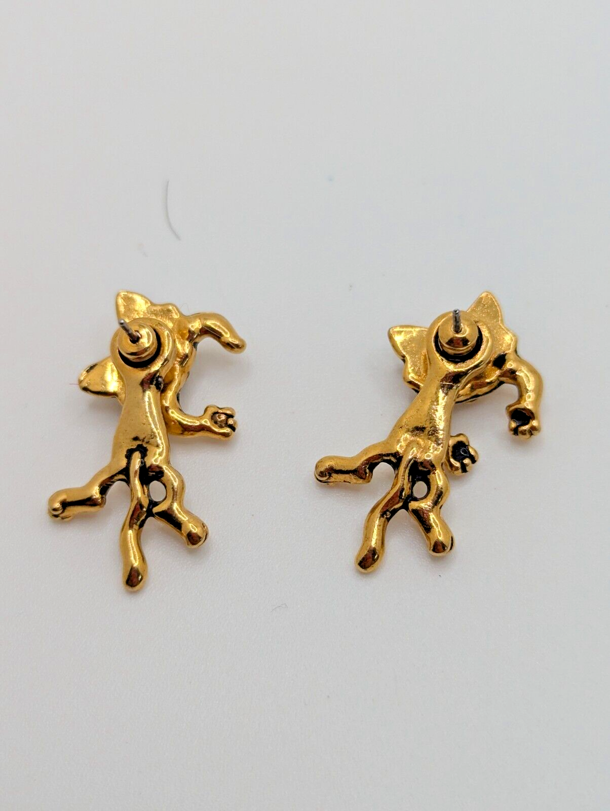Vintage Stud Pierced Earrings Kitty Cat 2 Part Gold Tone 1-1/8"