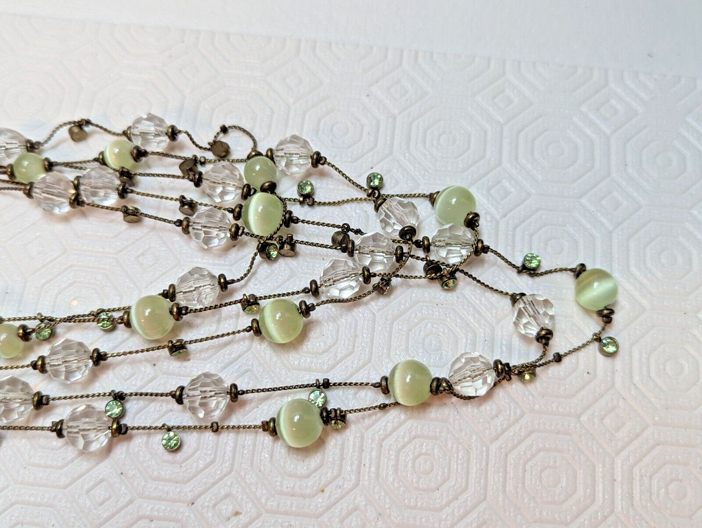 Green Tiger Eye Clear Beads Necklace Earring Rhinestone Gold Tone Multi Strand