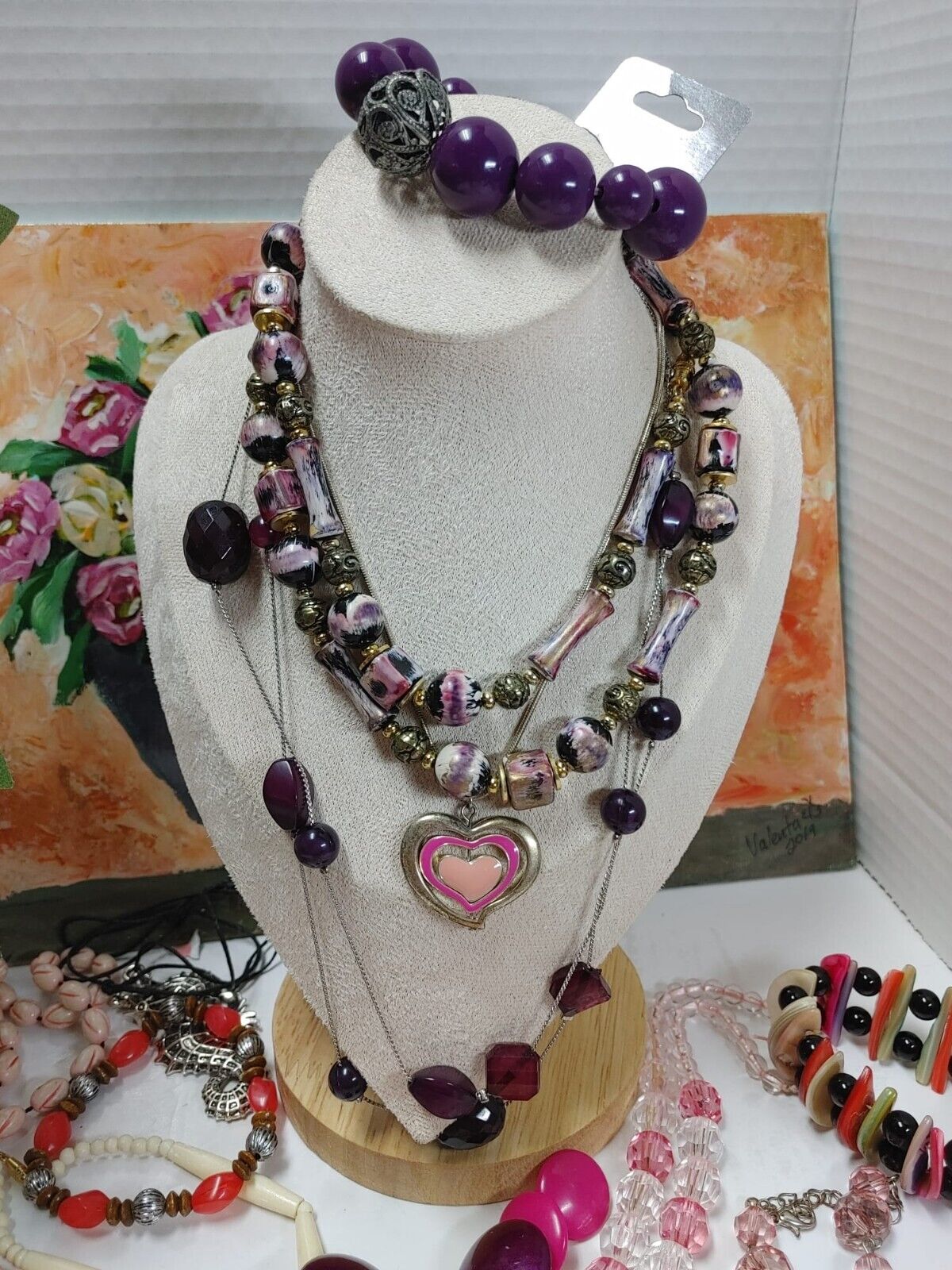 Vintage To Now Mix Jewelry Lot Necklaces Bracelet Earrings Costume Purple Pink