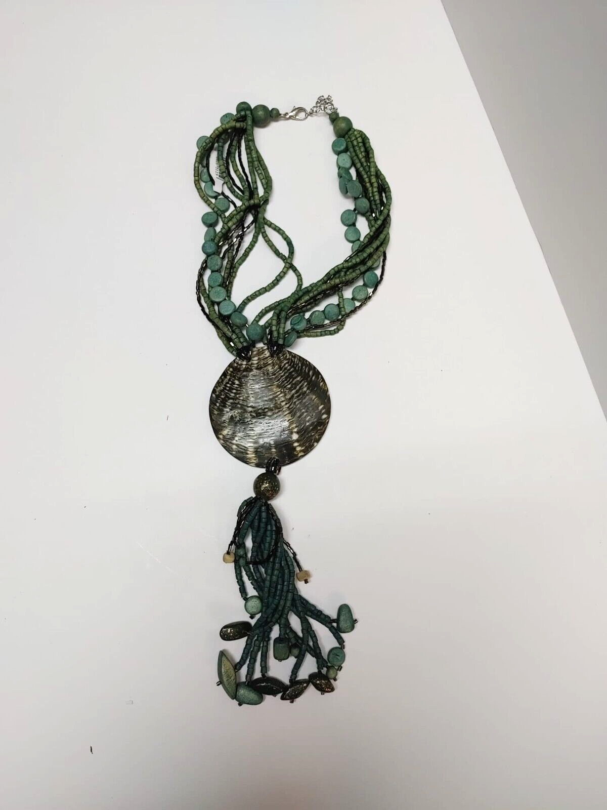 Vintage 70s Large Seashell Pendant Teal Wooden Bead Layered Necklace Green Retro
