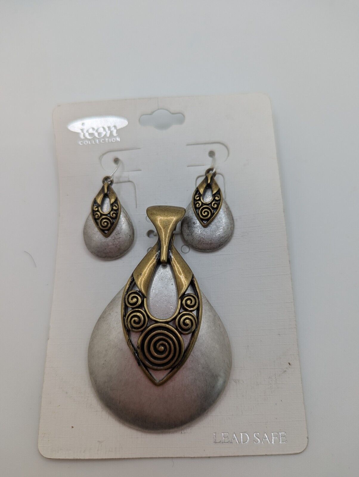 Icon Collection Teardrop Large Pendant/Earrings Silver Tone Brass Colored Set
