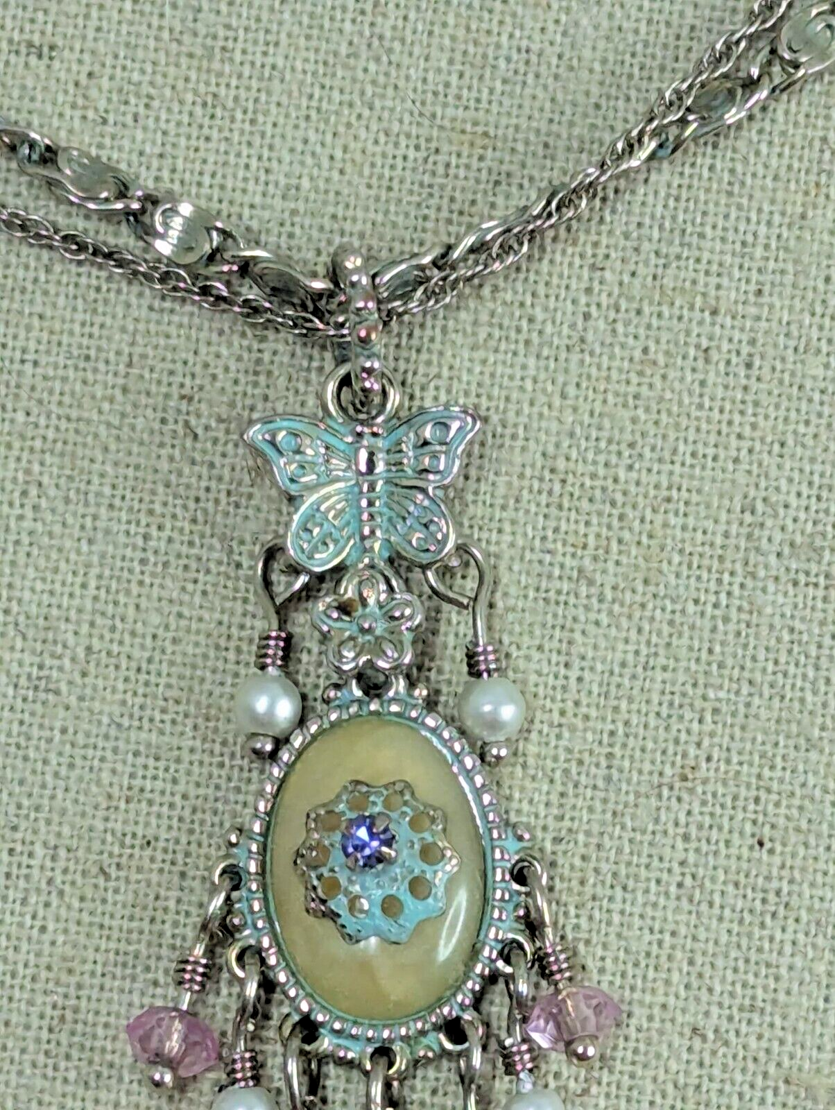vintage Avon Silver Plated Necklace Butterfly Crystals Pendant 16" Double Chain