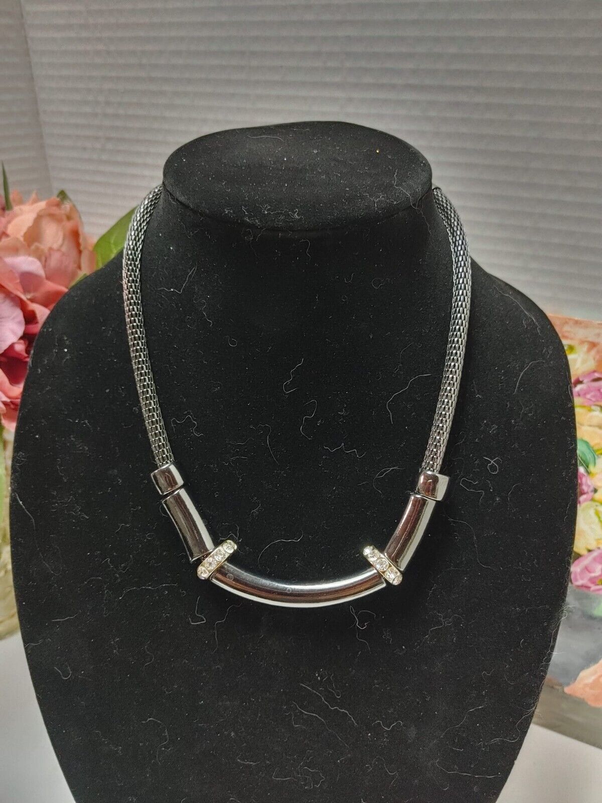 Thick Gun Metal Snake Chain Choker Collar Necklace White Rhinestones 16"