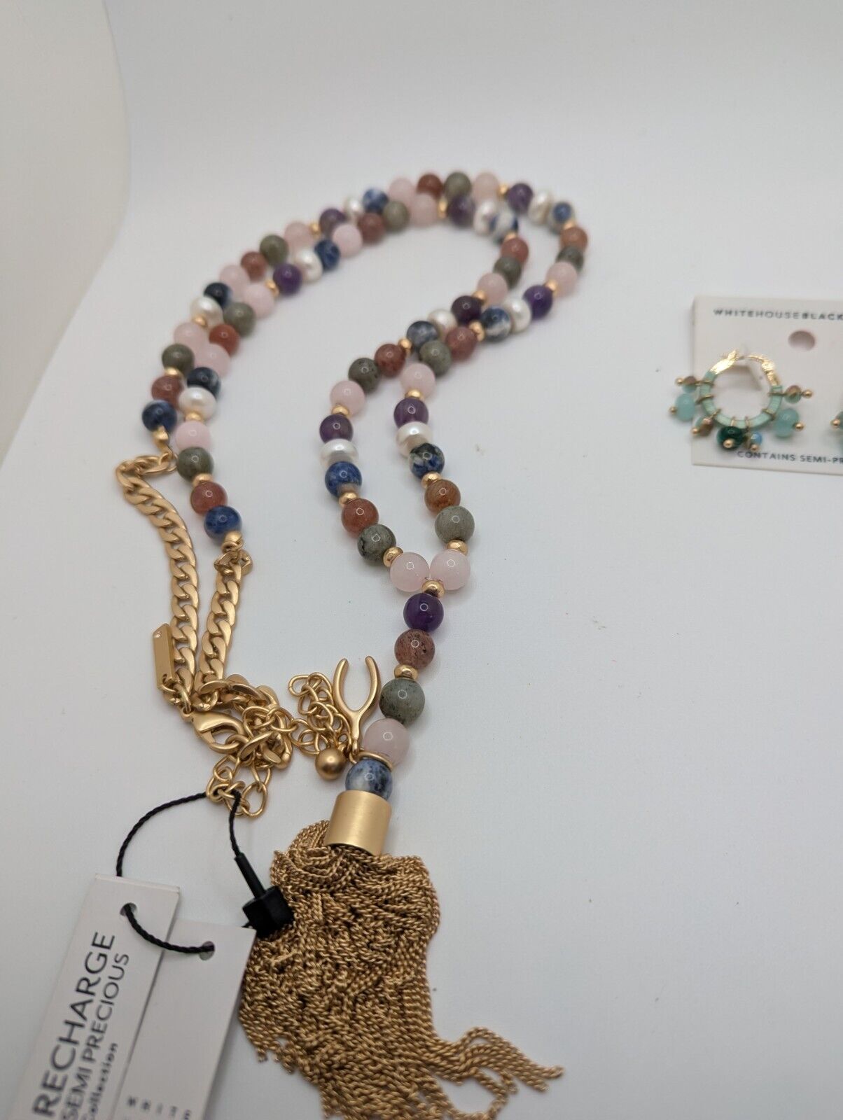 Whbm Polished Ocean Jasper & Gold Tone 42β Necklace / Earrings Wishbone Tassel