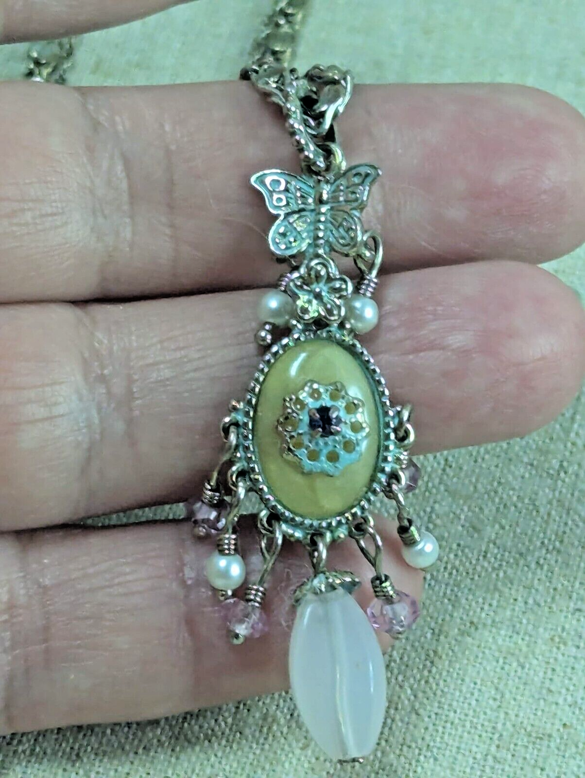 vintage Avon Silver Plated Necklace Butterfly Crystals Pendant 16" Double Chain