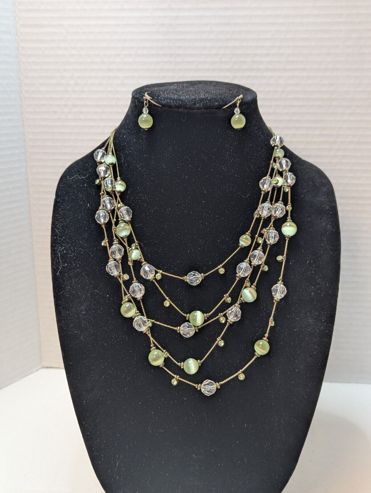Green Tiger Eye Clear Beads Necklace Earring Rhinestone Gold Tone Multi Strand