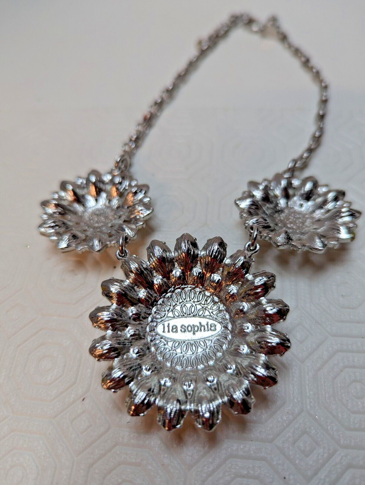 Lia Sophia Triple Flower Statement Necklace Yellow Sunflower 18-21" Silver Tone