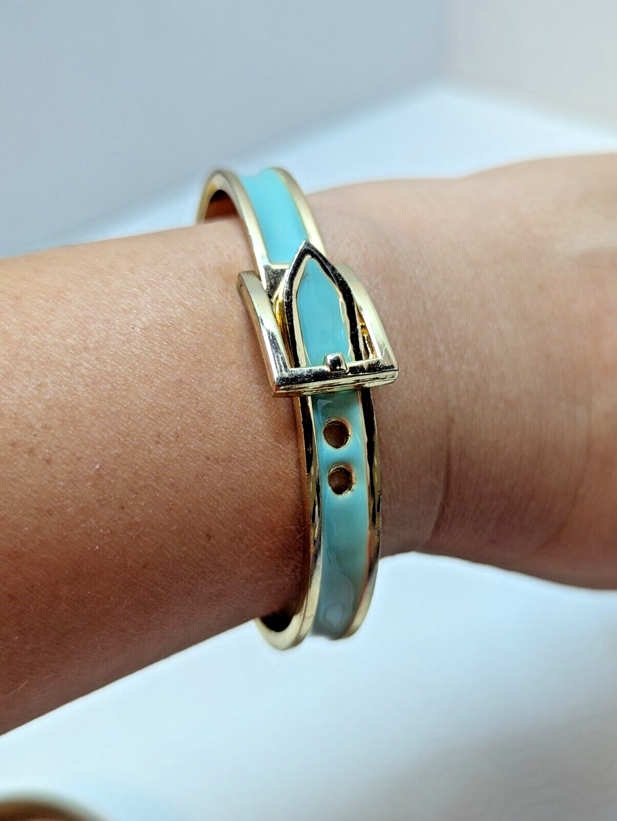 Women's Jewelry Teal Blue Belt Buckle Clasp Bangle Bracelet Adjustable