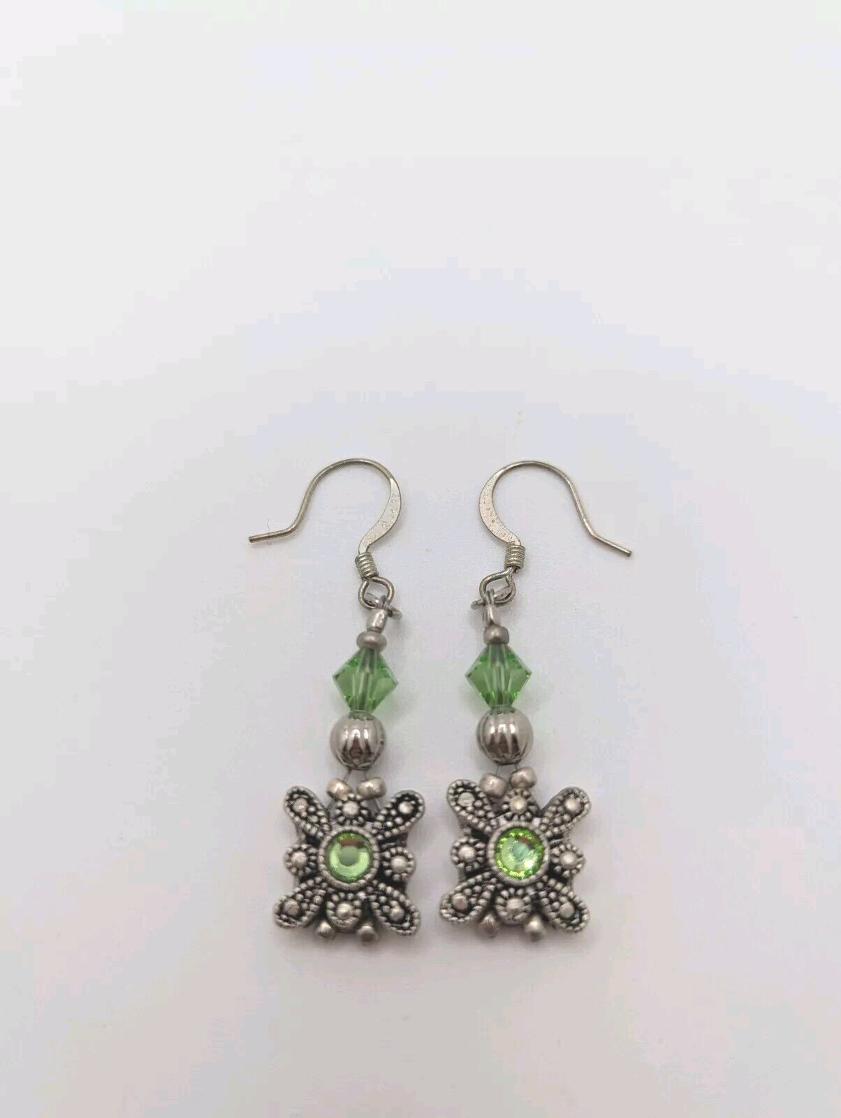 Silver Tone Spring Green Flower Square Crystal Bead Charm Bracelet Earrings 7.5"