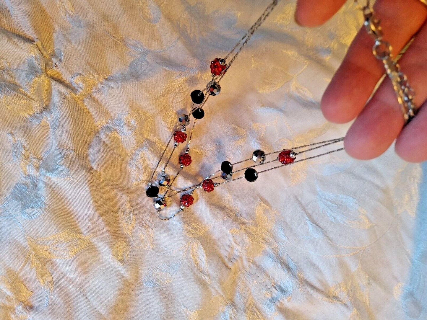 Layered Red Black grey Beaded Necklace silver tone chain 22" Women Boho Retro