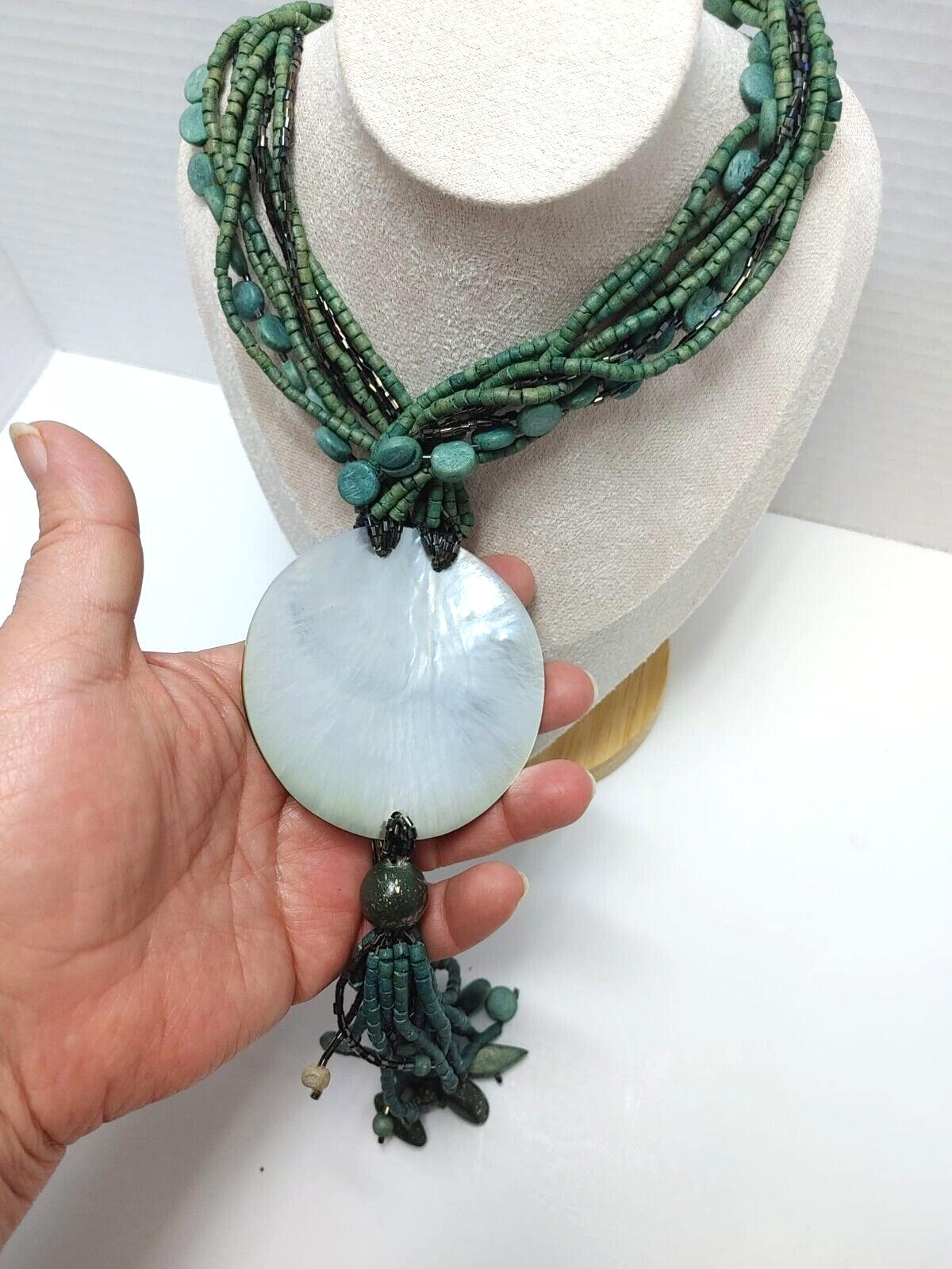 Vintage 70s Large Seashell Pendant Teal Wooden Bead Layered Necklace Green Retro