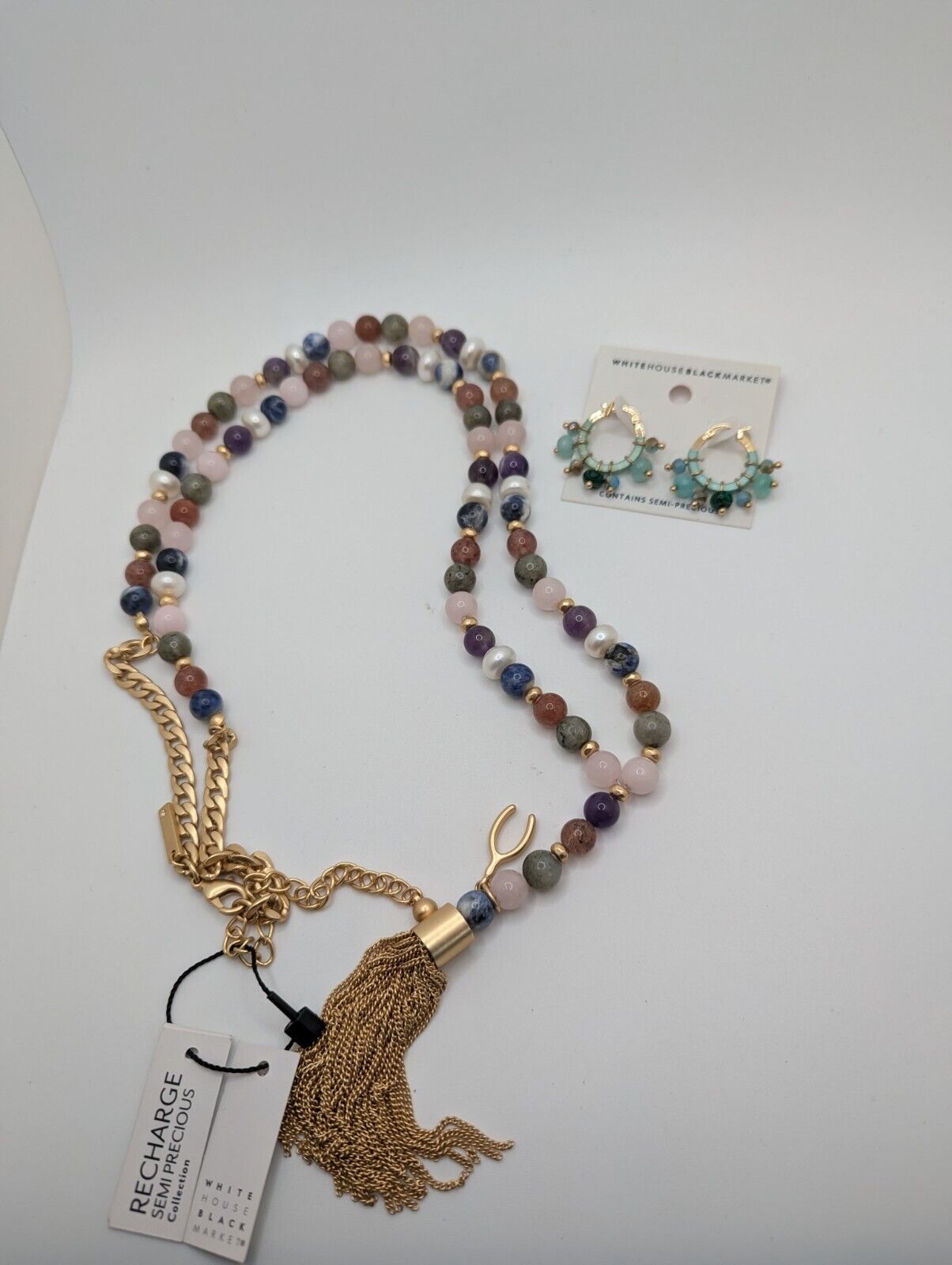 Whbm Polished Ocean Jasper & Gold Tone 42β Necklace / Earrings Wishbone Tassel