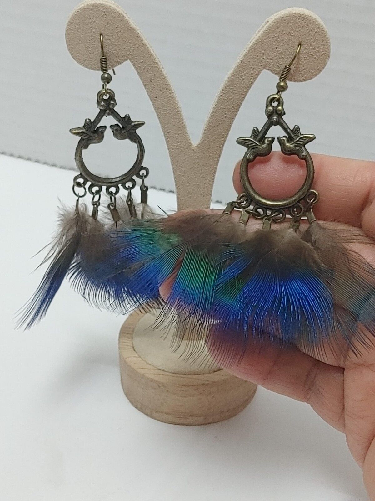 Feather Earrings Peacock Feathers Vintage Earrings Boho Statement Jewelry Retro