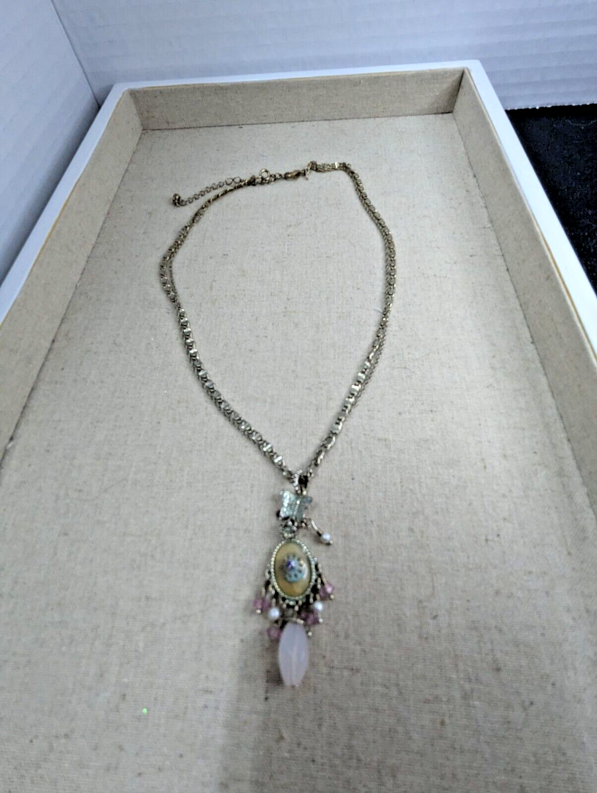 vintage Avon Silver Plated Necklace Butterfly Crystals Pendant 16" Double Chain