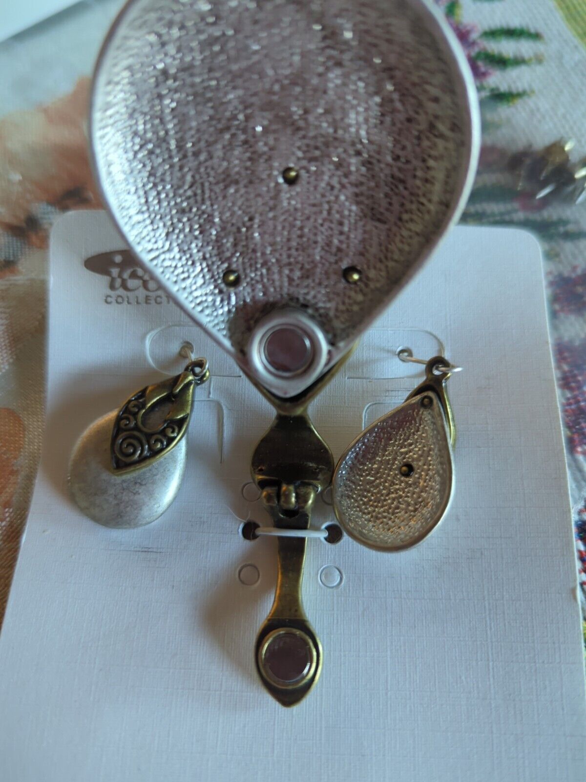 Icon Collection Teardrop Large Pendant/Earrings Silver Tone Brass Colored Set
