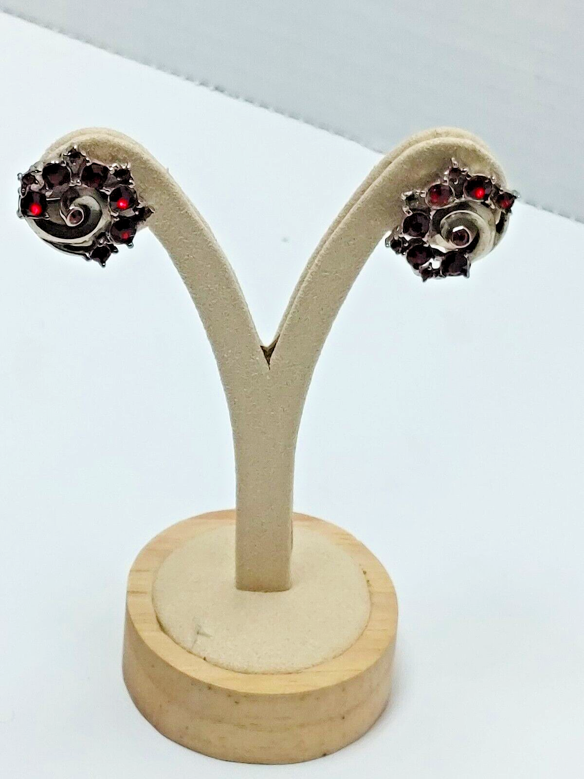 Vintage Silver Tone Royal Crest Screw Back Earrings with Red Rhinestones