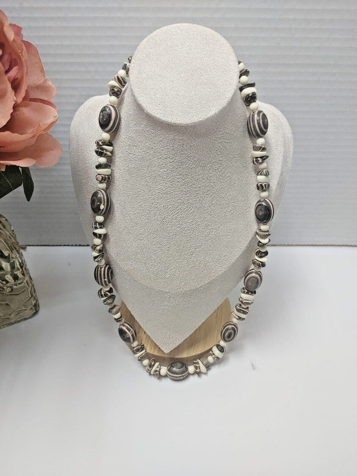 Handmade Boho Long Necklace Brown White Striped Lucite Resin Bead Unsigned