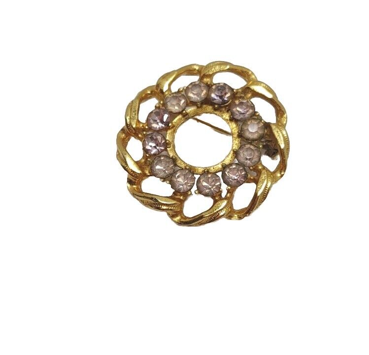 Vintage Rhinestone Brooch Pin Gold Color 1.5" Round