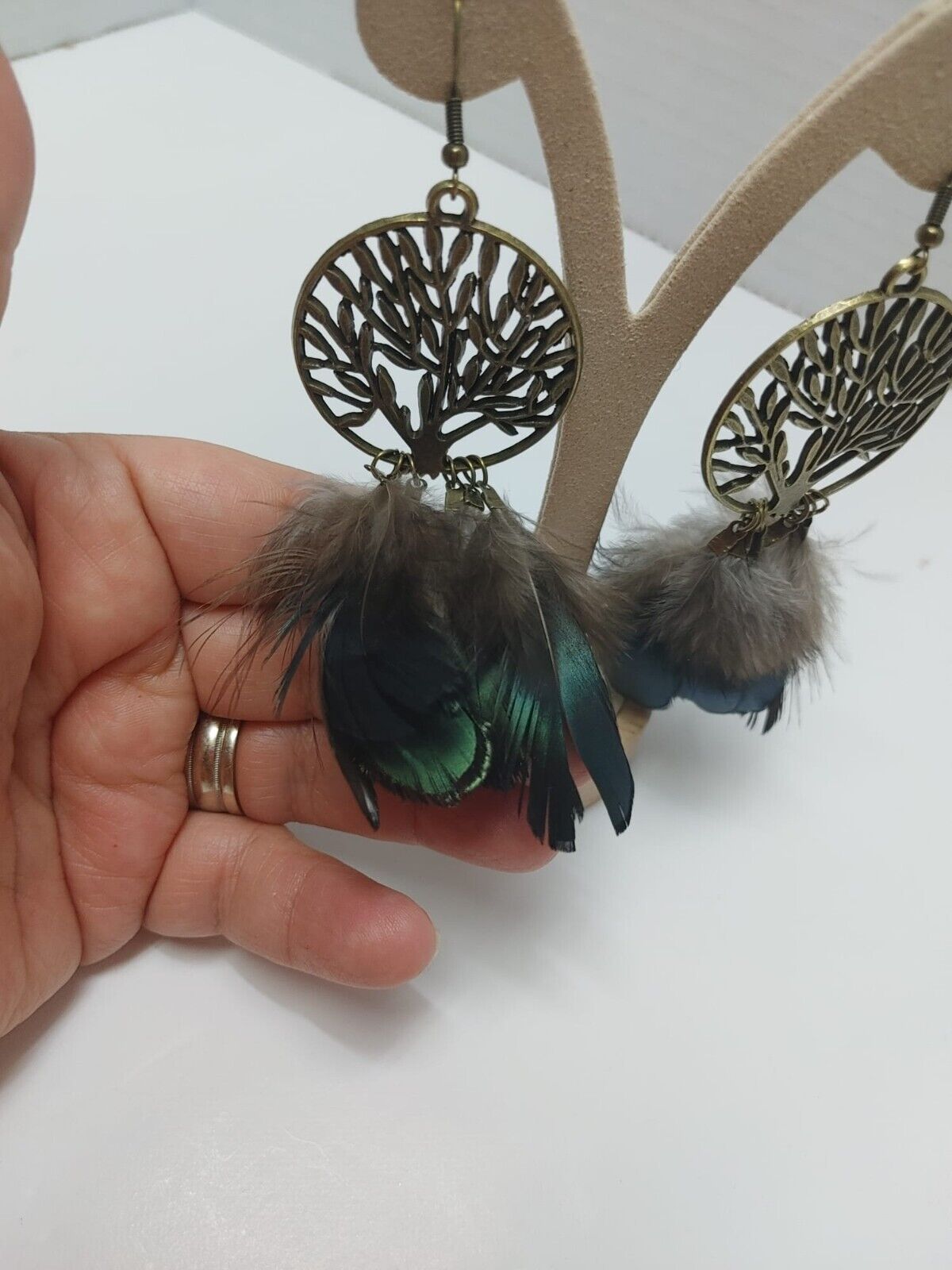 Feather Earrings Peacock Feathers Vintage Earrings Boho Statement Jewelry Retro