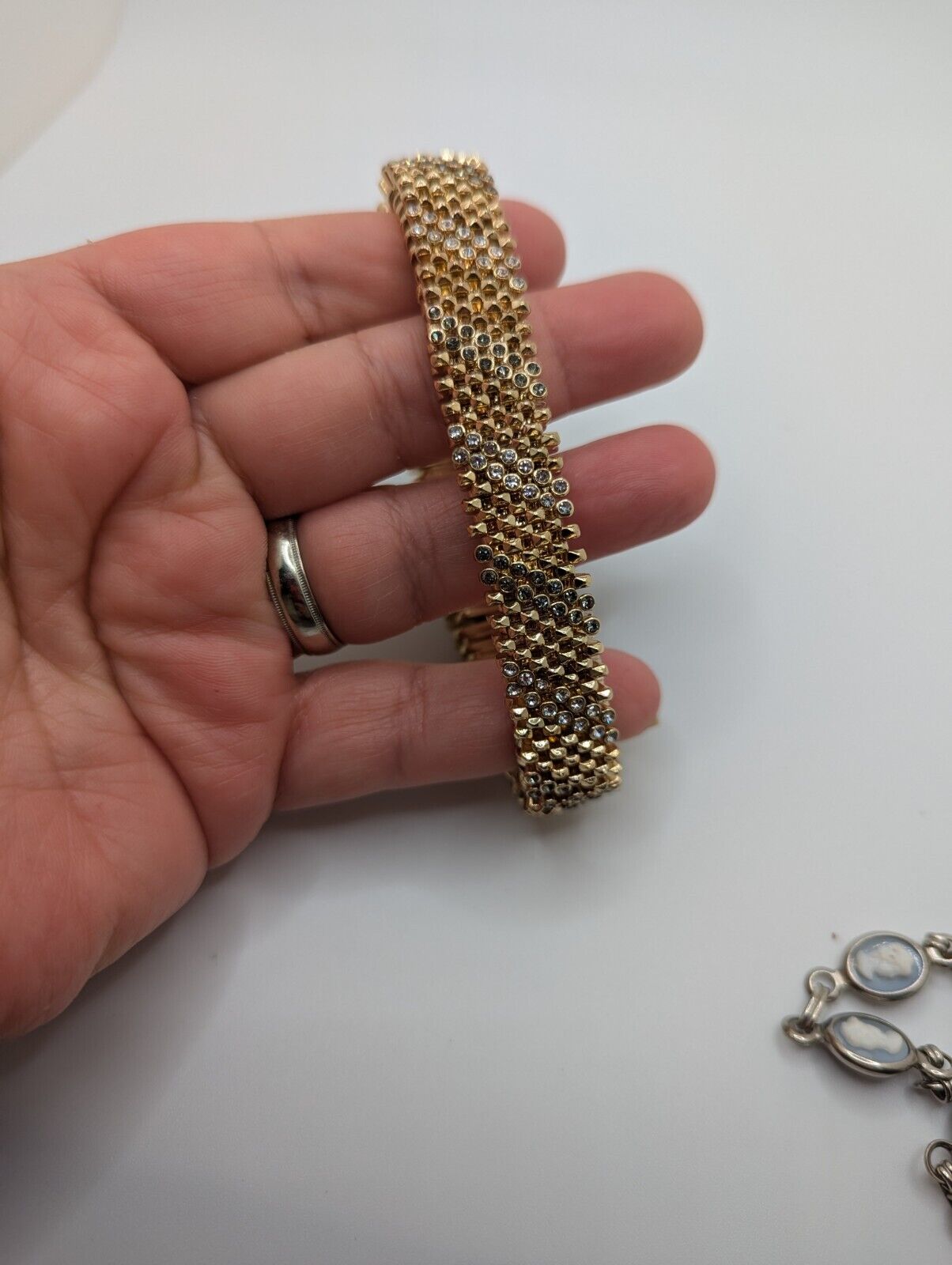 Bracelet Grey Clear Rhinestone Expansion Stretch Gold Tone