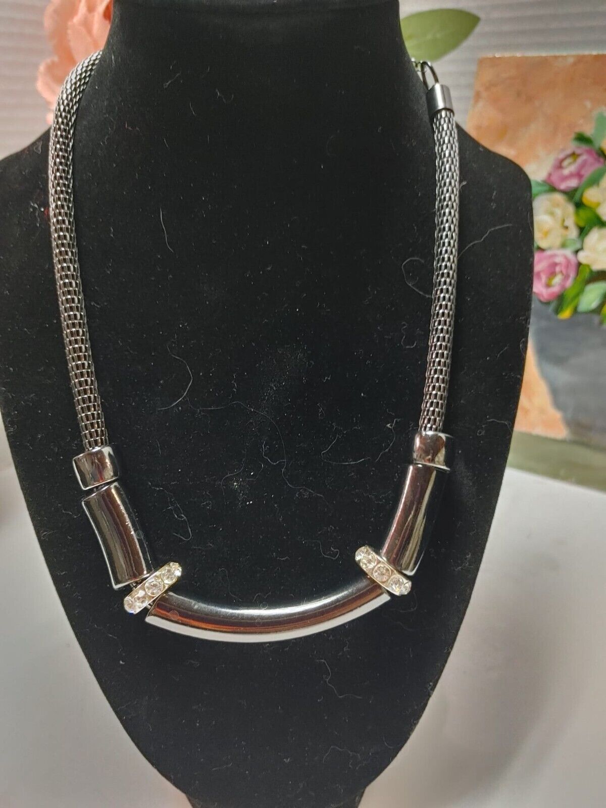 Thick Gun Metal Snake Chain Choker Collar Necklace White Rhinestones 16"