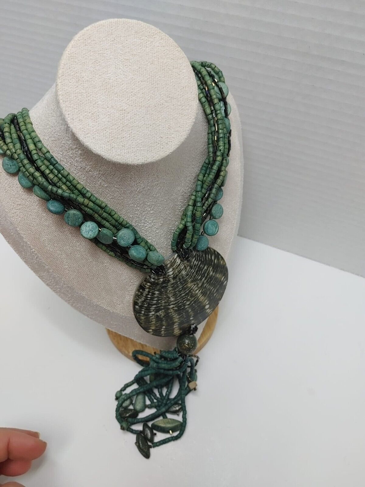 Vintage 70s Large Seashell Pendant Teal Wooden Bead Layered Necklace Green Retro
