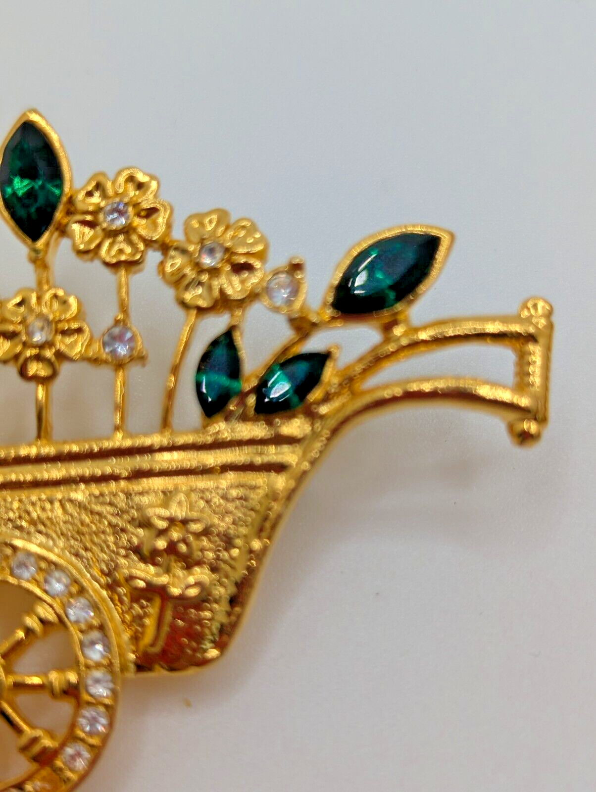 Gold Tone Flower Cart Brooch Pin green clear Rhinestone Wheel vintage