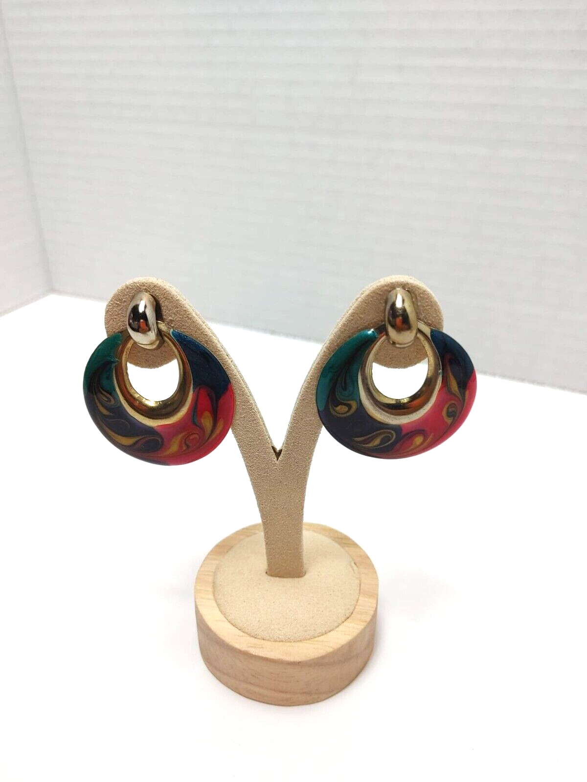 RETRO 1980's Earrings Gold Tone Blue Pink And Green Enamel Dangle Boho Vintage