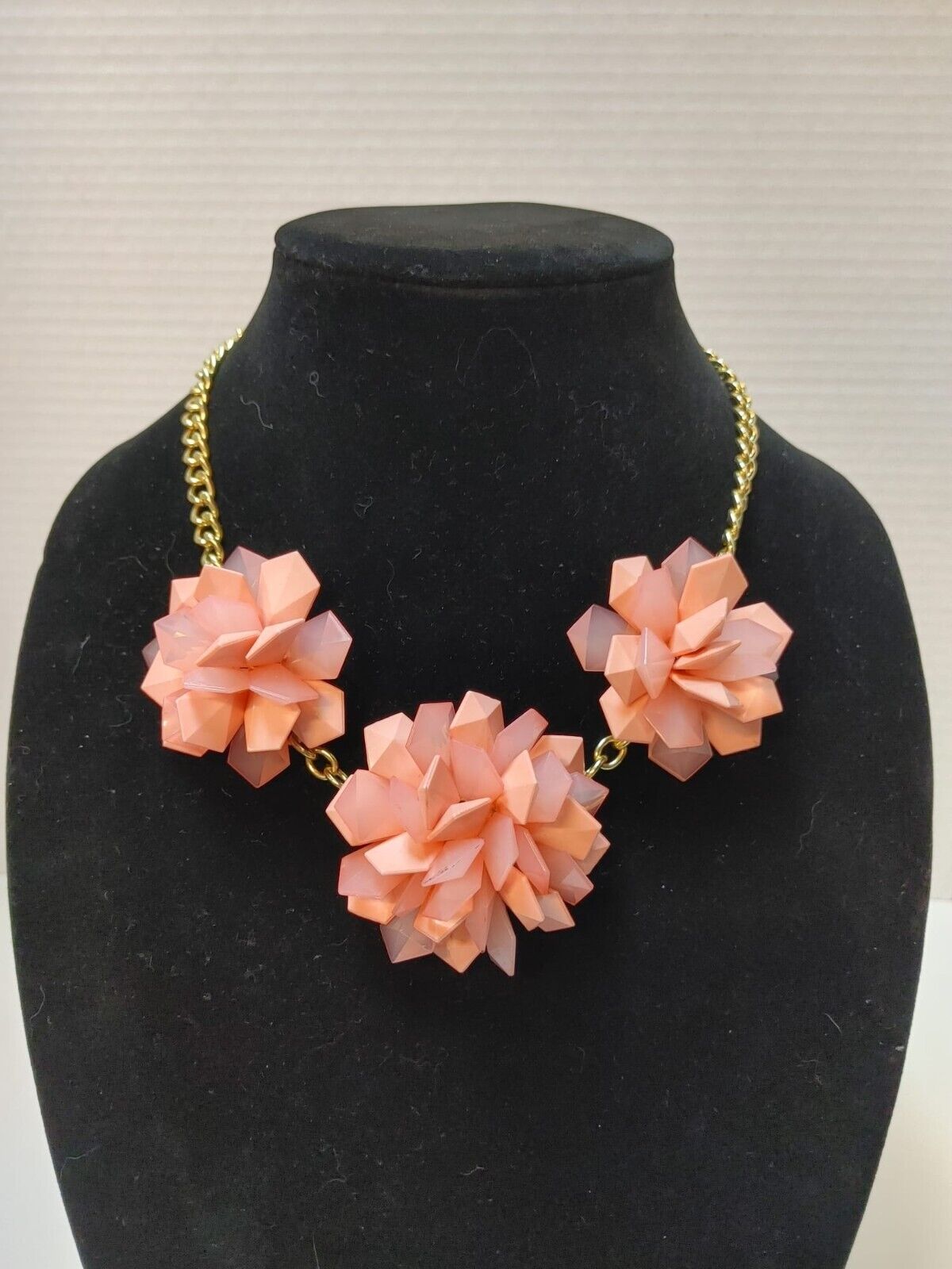 Gold Tone Light Pink Flower Necklace Spring Time Floral Acrylic