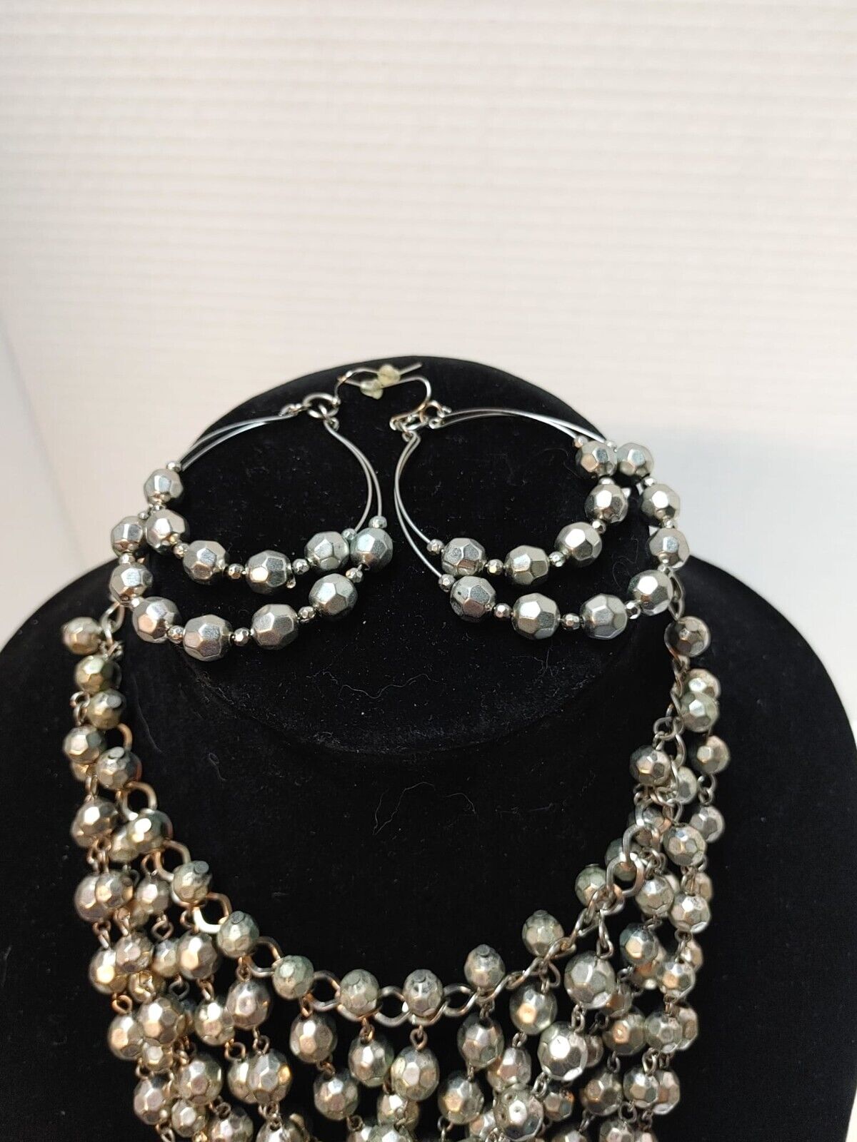Dramatic style Jewerly set 6 Strand Chocker Queen Silver Bead Necklace Earrings