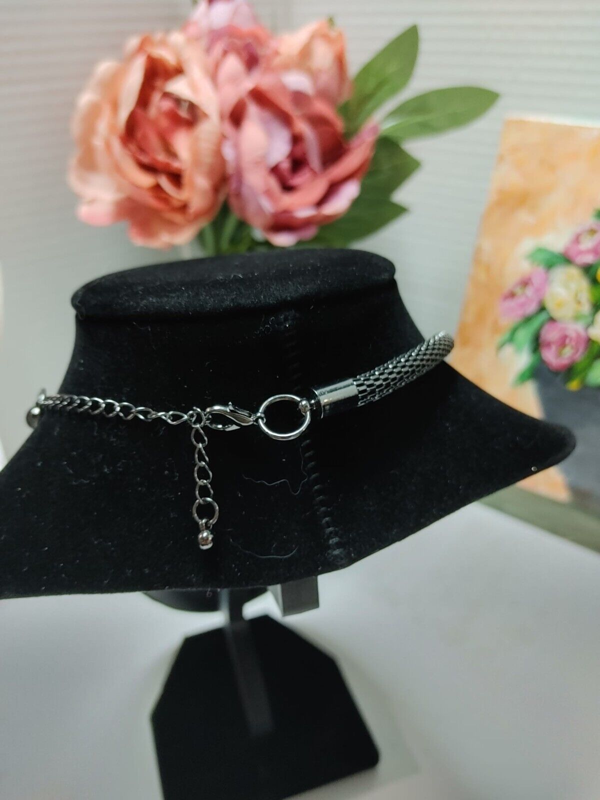 Thick Gun Metal Snake Chain Choker Collar Necklace White Rhinestones 16"