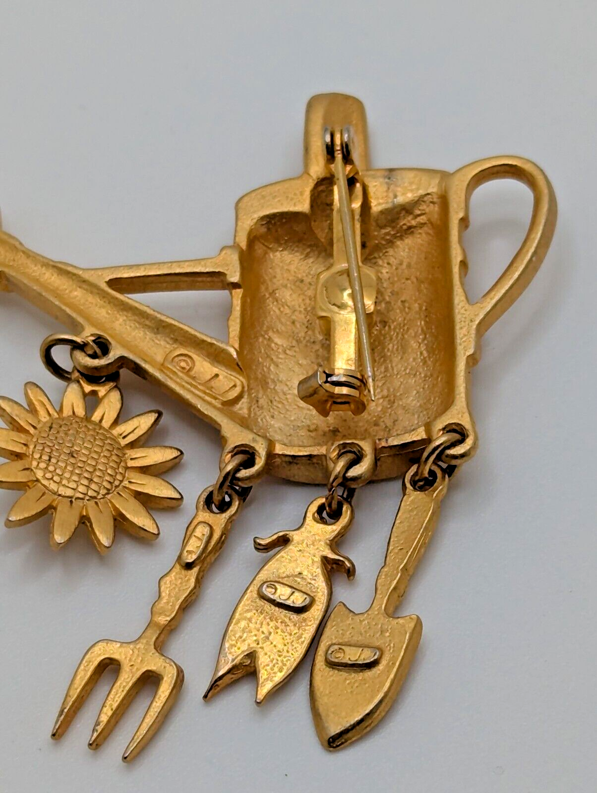 JJ Pewter or Goldtone Gardering Theme Pin Brooch with Dangles Flower Signed