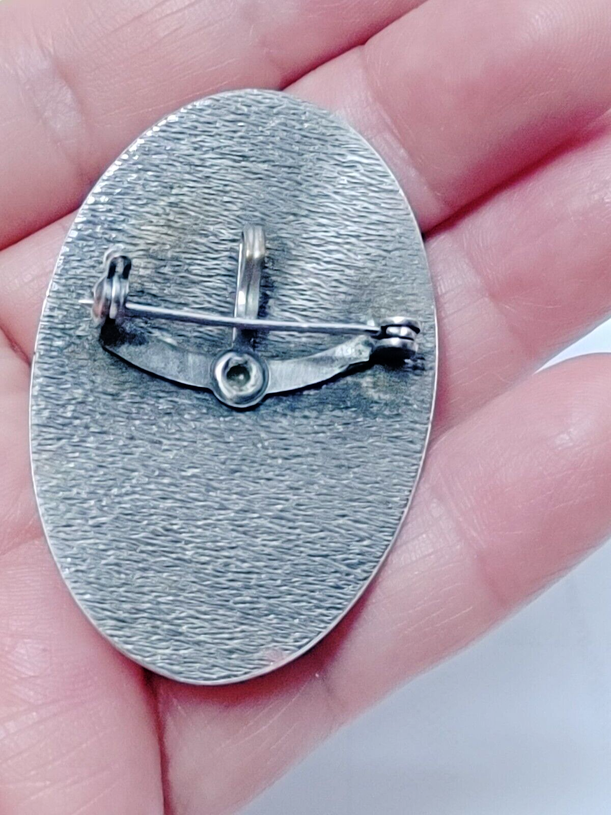 Vintage Large Oval Brooch Pin Pendant Dark Brown Stone Silver Tone