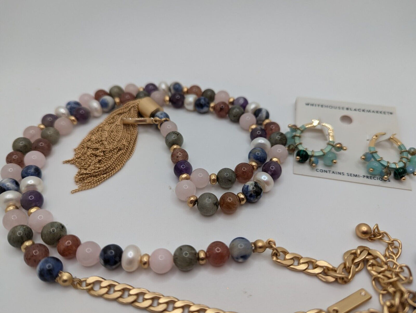 Whbm Polished Ocean Jasper & Gold Tone 42β Necklace / Earrings Wishbone Tassel