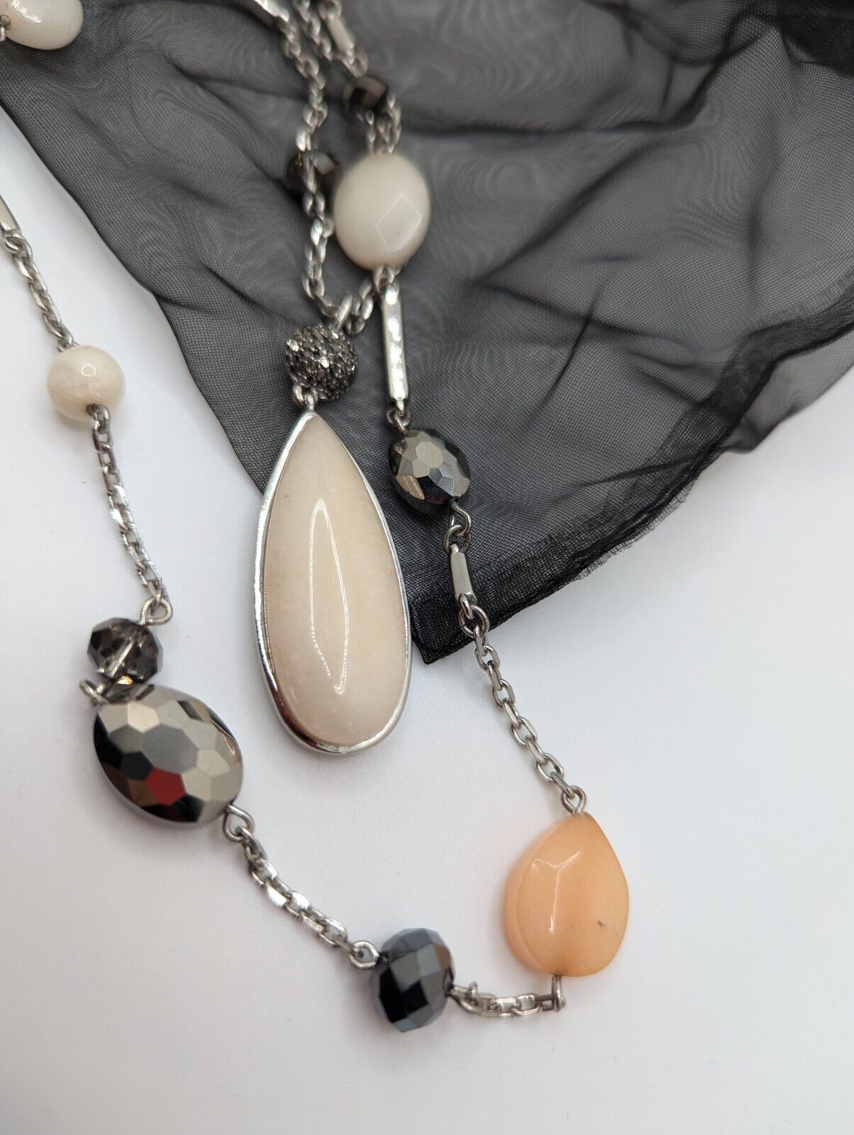 WHBM Mixed Gemstone Beaded Necklace Quartz Designer Silver Tone Doble Strand 34"