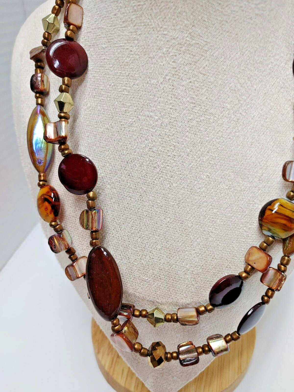 Doble 20" Long Necklace Brown GLASS BEADS Bronze Tone PEARLS Boho Retro