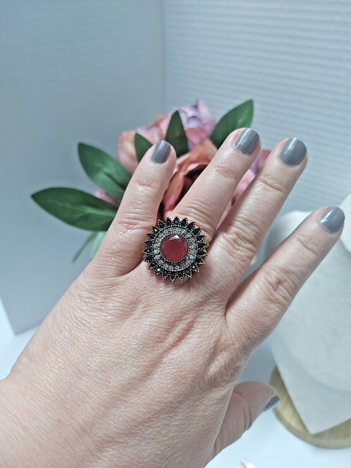 Red Stone With multicolor Crystal Beats Ring Antique Gold Color Accent Bohemian