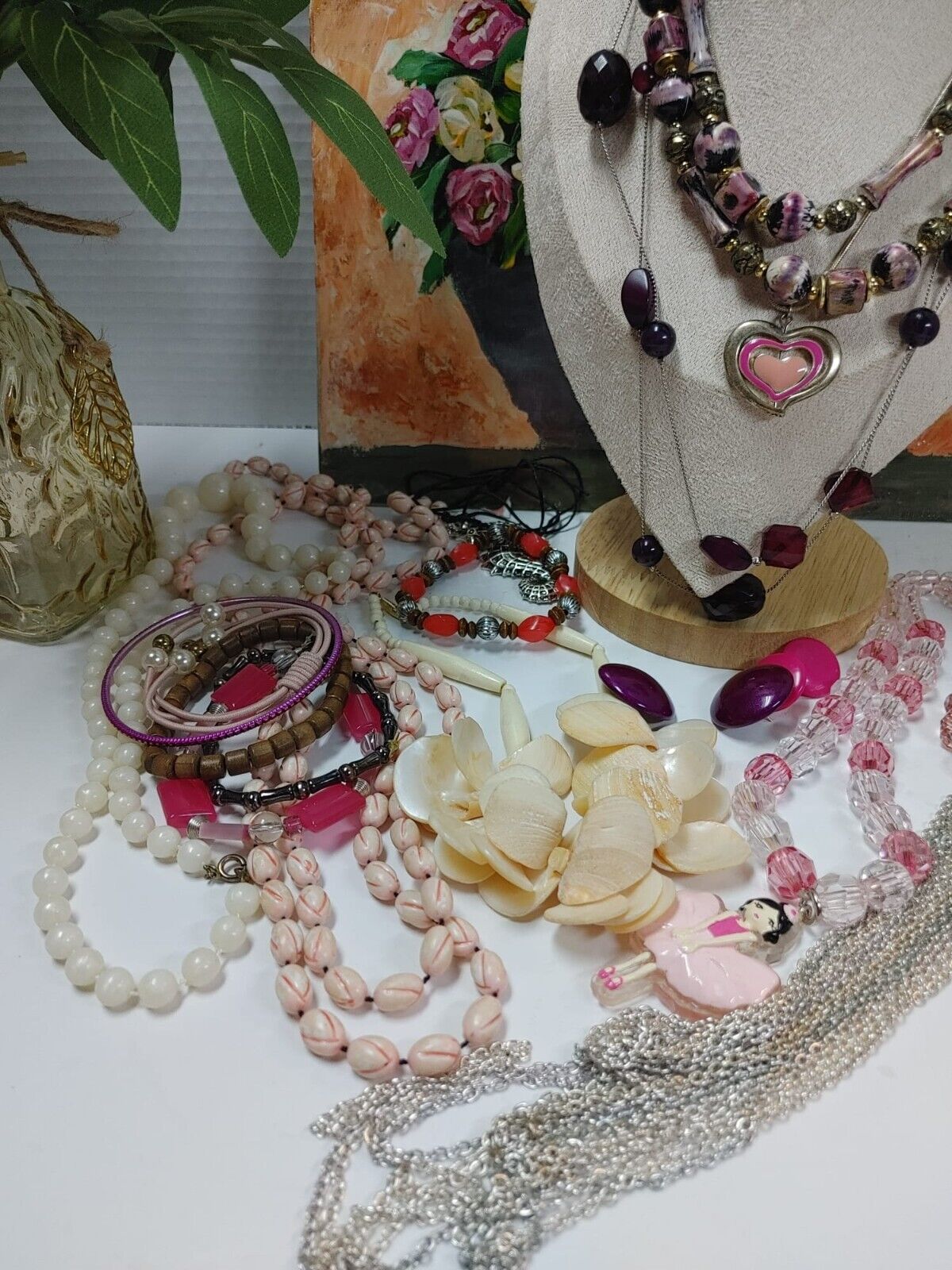 Vintage To Now Mix Jewelry Lot Necklaces Bracelet Earrings Costume Purple Pink