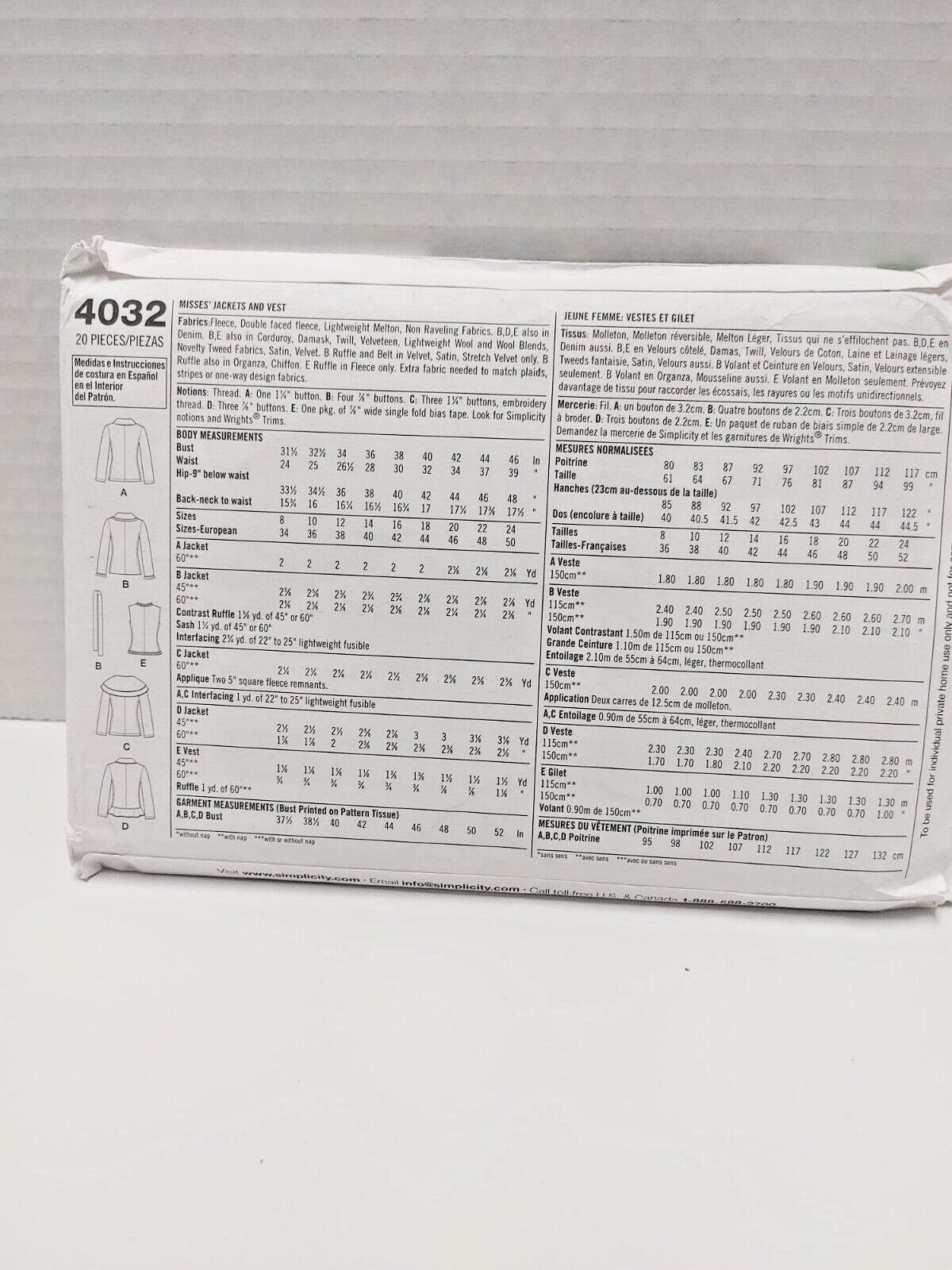 Misses Jackets and Vest Sewing Pattern 16-24 Simplicity 4032