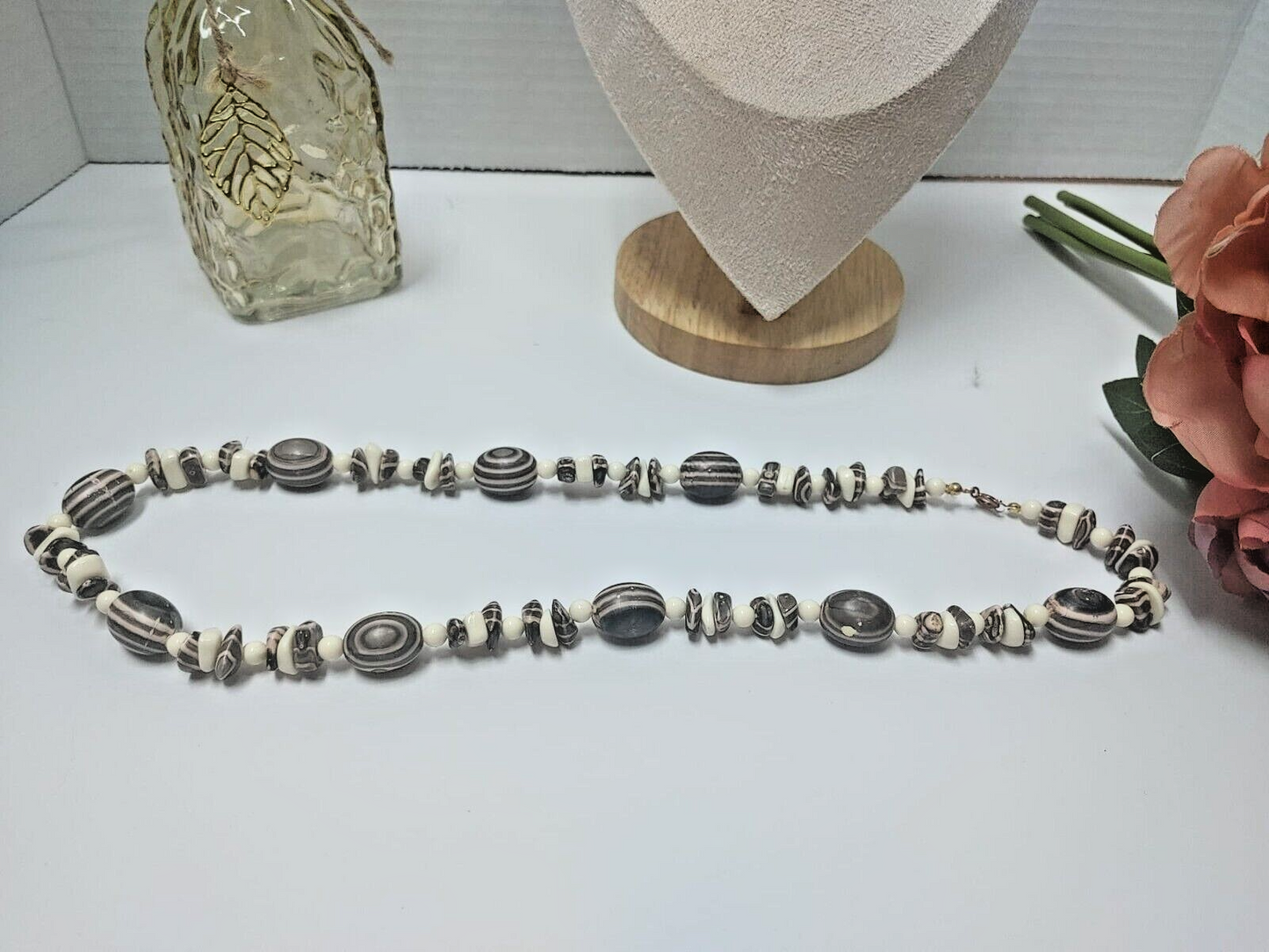 Handmade Boho Long Necklace Brown White Striped Lucite Resin Bead Unsigned
